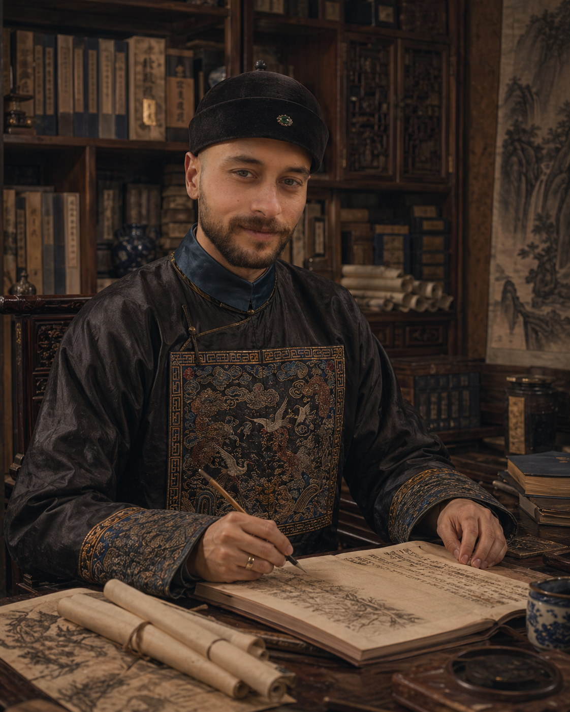 Ahmed in an archive-inspired historical scene