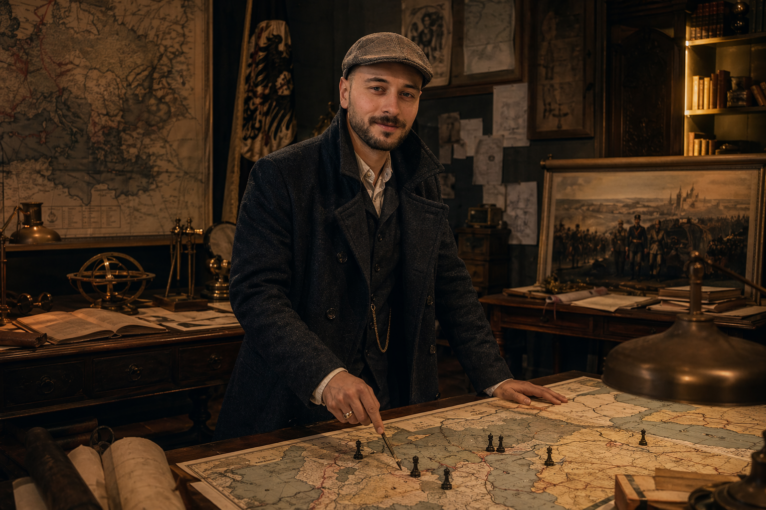 Ahmed beside historical maps and research material